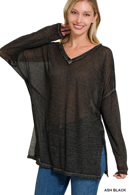 Zenana Melange Burnout Dolman Sleeve V-Neck Top-ZENANA-ASH BLACK-S-[option4]-[option5]-[option6]-[option7]-[option8]-Shop-Boutique-Clothing-for-Women-Online