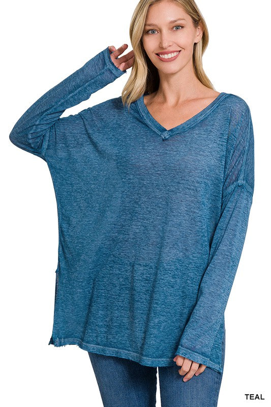 Zenana Melange Burnout Dolman Sleeve V-Neck Top-ZENANA-[option4]-[option5]-[option6]-[option7]-[option8]-Shop-Boutique-Clothing-for-Women-Online