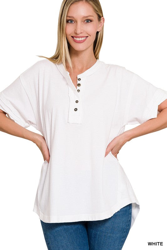Zenana Raw Edge Button Closure Top-ZENANA-WHITE-S-[option4]-[option5]-[option6]-[option7]-[option8]-Shop-Boutique-Clothing-for-Women-Online
