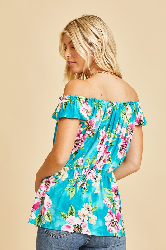 Off Shoulder Short Sleeve Top with Ruffles in Teal/Magenta-Womens-Ave Shops-[option4]-[option5]-[option6]-[option7]-[option8]-Shop-Boutique-Clothing-for-Women-Online