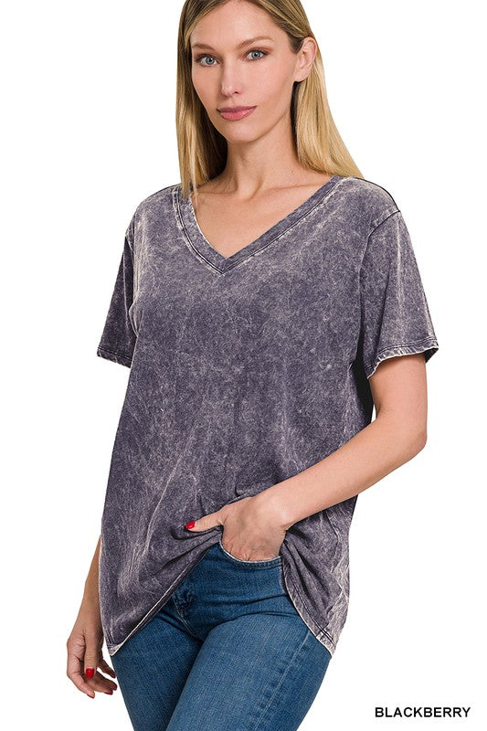 Zenana Washed Short Sleeve V-Neck Top-ZENANA-BLACKBERRY-S-[option4]-[option5]-[option6]-[option7]-[option8]-Shop-Boutique-Clothing-for-Women-Online