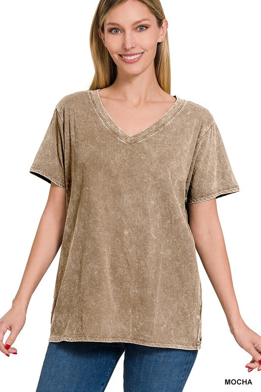 Zenana Washed Short Sleeve V-Neck Top-ZENANA-MOCHA-S-[option4]-[option5]-[option6]-[option7]-[option8]-Shop-Boutique-Clothing-for-Women-Online