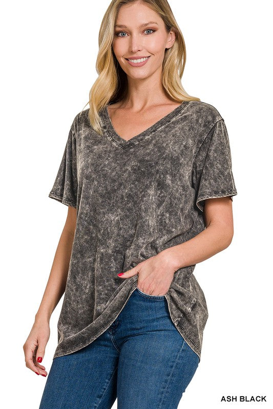 Zenana Washed Short Sleeve V-Neck Top-ZENANA-ASH BLACK-S-[option4]-[option5]-[option6]-[option7]-[option8]-Shop-Boutique-Clothing-for-Women-Online