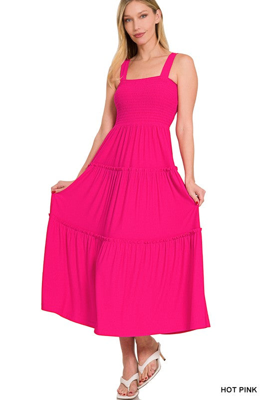 Zenana Smocked Tiered Midi Dress-ZENANA-HOT PINK-XL-[option4]-[option5]-[option6]-[option7]-[option8]-Shop-Boutique-Clothing-for-Women-Online