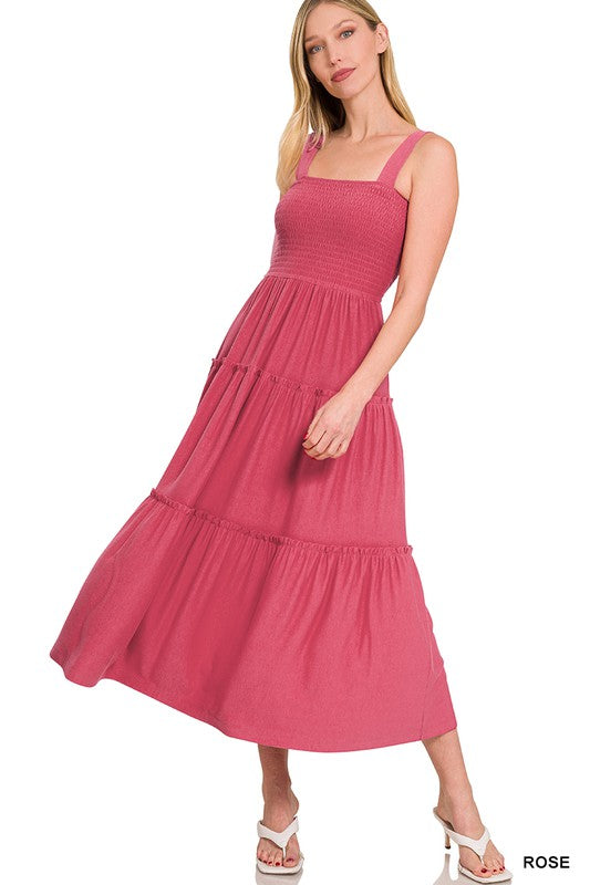 Zenana Smocked Tiered Midi Dress-ZENANA-ROSE-XL-[option4]-[option5]-[option6]-[option7]-[option8]-Shop-Boutique-Clothing-for-Women-Online