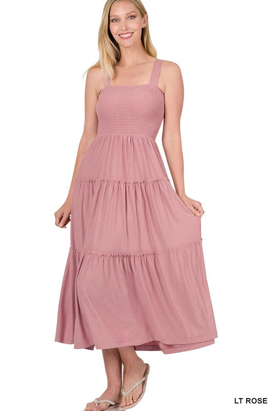 Zenana Smocked Tiered Midi Dress-ZENANA-[option4]-[option5]-[option6]-[option7]-[option8]-Shop-Boutique-Clothing-for-Women-Online