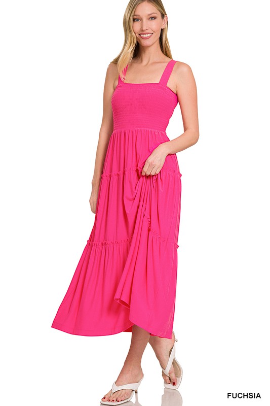 Zenana Smocked Tiered Midi Dress-ZENANA-FUCHSIA-XL-[option4]-[option5]-[option6]-[option7]-[option8]-Shop-Boutique-Clothing-for-Women-Online
