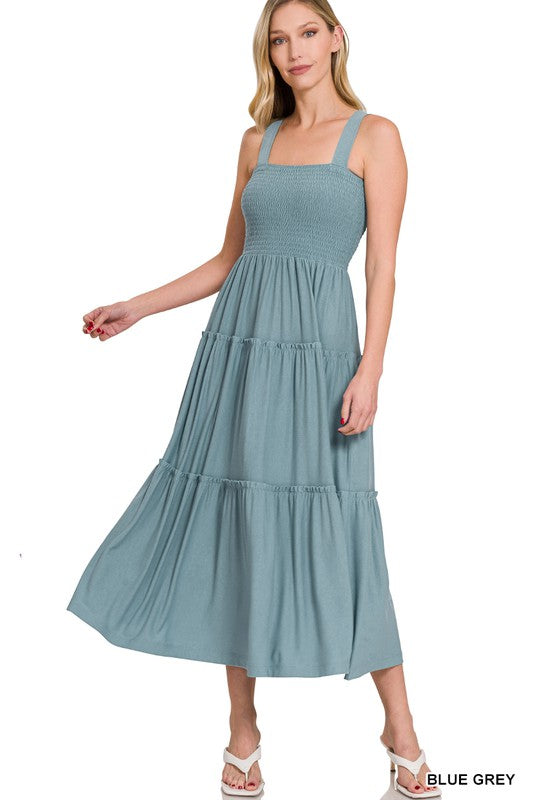 Zenana Smocked Tiered Midi Dress-ZENANA-BLUE GREY-S-[option4]-[option5]-[option6]-[option7]-[option8]-Shop-Boutique-Clothing-for-Women-Online