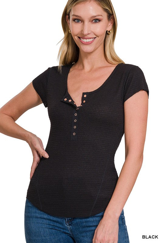 Zenana Baby Waffle Snap Button Cap Sleeve Top-ZENANA-BLACK-S-[option4]-[option5]-[option6]-[option7]-[option8]-Shop-Boutique-Clothing-for-Women-Online