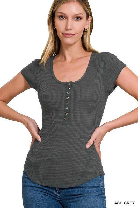 Zenana Baby Waffle Snap Button Cap Sleeve Top-ZENANA-ASH GREY-S-[option4]-[option5]-[option6]-[option7]-[option8]-Shop-Boutique-Clothing-for-Women-Online