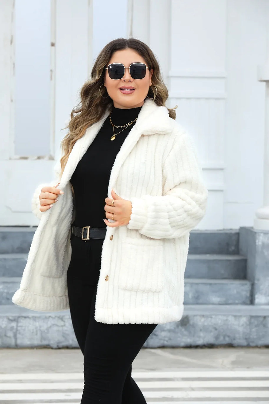 Plus Size Fuzzy Collared Neck Long Sleeve Jacket-Jacket-Trendsi-[option4]-[option5]-[option6]-[option7]-[option8]-Shop-Boutique-Clothing-for-Women-Online