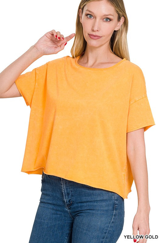 Zenana Acid Wash Raw Edge Short Sleeve Cropped Top-ZENANA-YELLOW GOLD-S/M-[option4]-[option5]-[option6]-[option7]-[option8]-Shop-Boutique-Clothing-for-Women-Online
