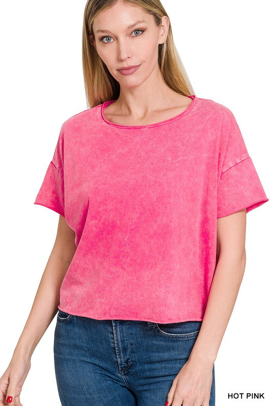 Zenana Acid Wash Raw Edge Short Sleeve Cropped Top-ZENANA-HOT PINK-S/M-[option4]-[option5]-[option6]-[option7]-[option8]-Shop-Boutique-Clothing-for-Women-Online