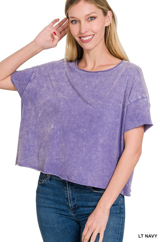 Zenana Acid Wash Raw Edge Short Sleeve Cropped Top-ZENANA-LT NAVY-S/M-[option4]-[option5]-[option6]-[option7]-[option8]-Shop-Boutique-Clothing-for-Women-Online