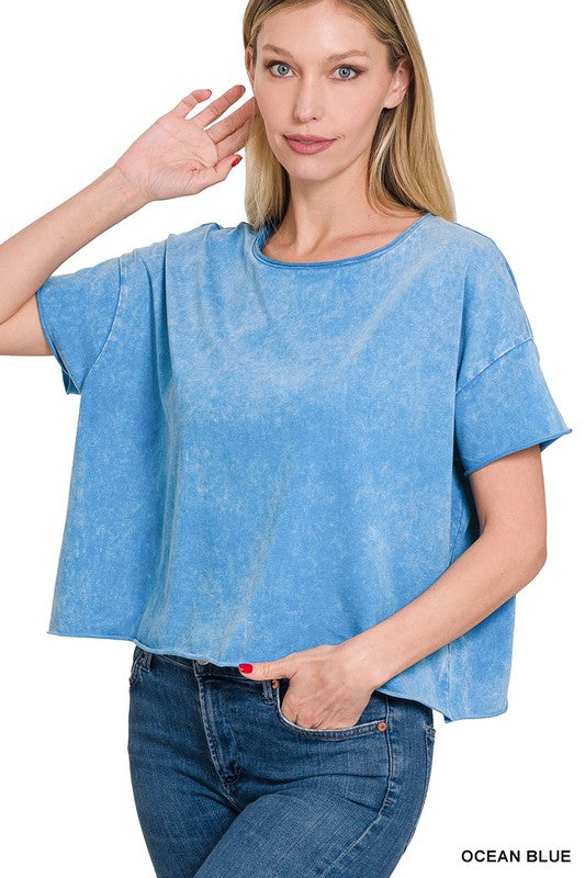 Zenana Acid Wash Raw Edge Short Sleeve Cropped Top-ZENANA-[option4]-[option5]-[option6]-[option7]-[option8]-Shop-Boutique-Clothing-for-Women-Online