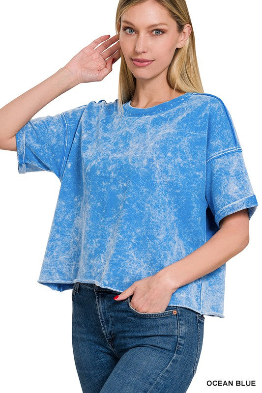 Zenana French Terry Acid Wash Raw Edge Short Sleeved Cropped Top-ZENANA-OCEAN BLUE-S-[option4]-[option5]-[option6]-[option7]-[option8]-Shop-Boutique-Clothing-for-Women-Online