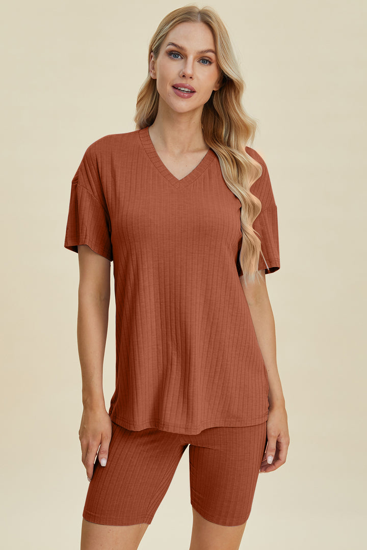 Basic Bae Ribbed V-Neck Short Sleeve Top and Shorts Set-Trendsi-Caramel-S-[option4]-[option5]-[option6]-[option7]-[option8]-Shop-Boutique-Clothing-for-Women-Online