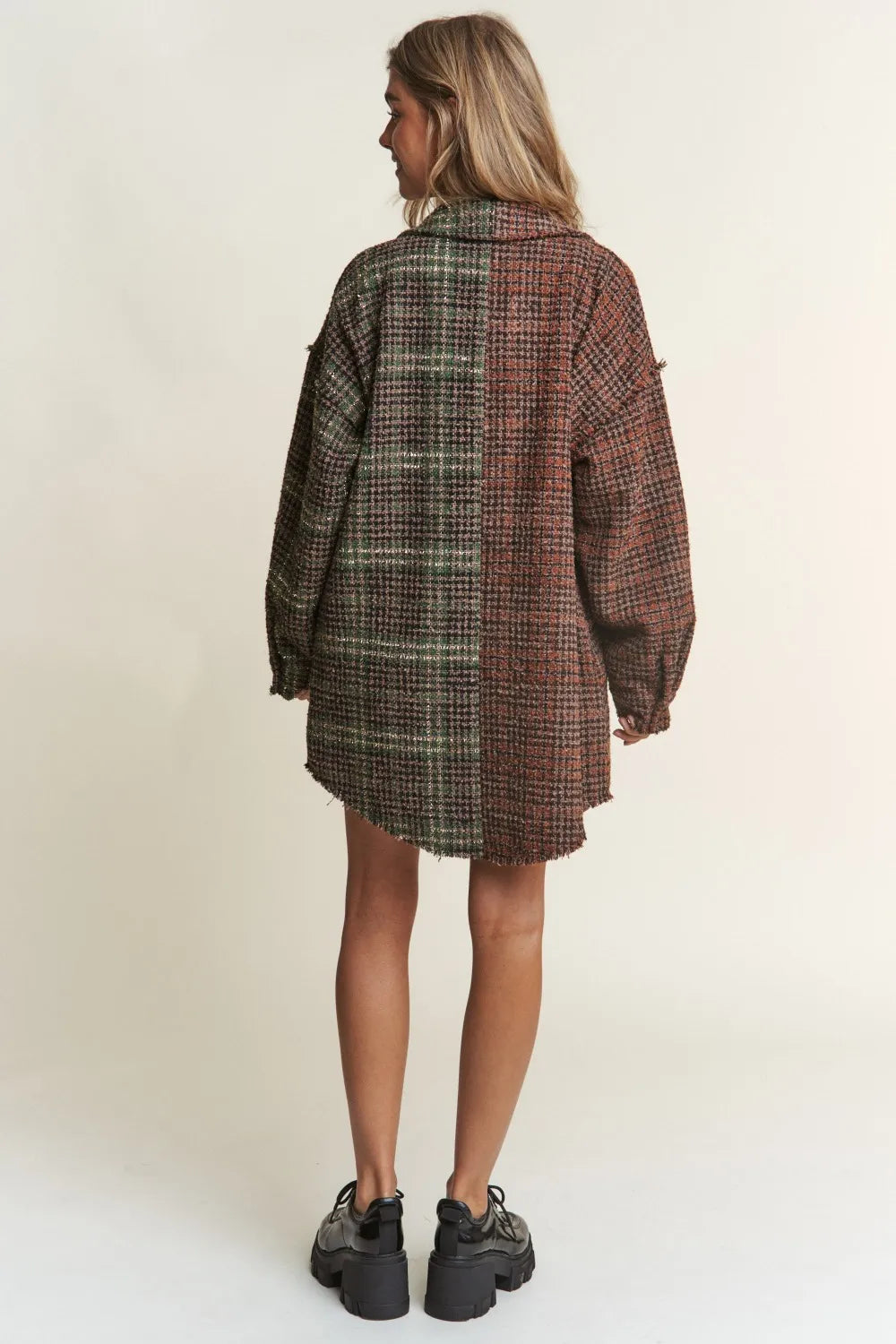 J.NNA Snap Down Tweed Plaid Contrast Longline Shacket-Womens Outerwear/Shacket-Trendsi-[option4]-[option5]-[option6]-[option7]-[option8]-Shop-Boutique-Clothing-for-Women-Online