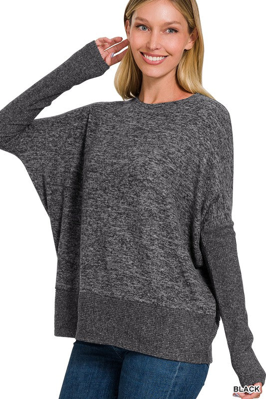 Zenana Brushed Melange Hacci Dolman Sleeve Sweater-ZENANA-BLACK-S-[option4]-[option5]-[option6]-[option7]-[option8]-Shop-Boutique-Clothing-for-Women-Online