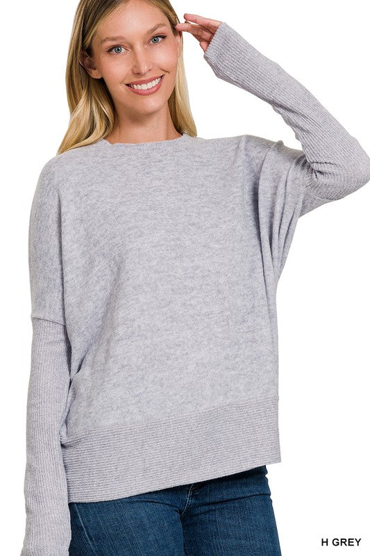 Zenana Brushed Melange Hacci Dolman Sleeve Sweater-ZENANA-H GREY-S-[option4]-[option5]-[option6]-[option7]-[option8]-Shop-Boutique-Clothing-for-Women-Online
