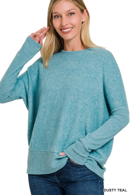 Zenana Brushed Melange Hacci Dolman Sleeve Sweater-ZENANA-DUSTY TEAL-S-[option4]-[option5]-[option6]-[option7]-[option8]-Shop-Boutique-Clothing-for-Women-Online