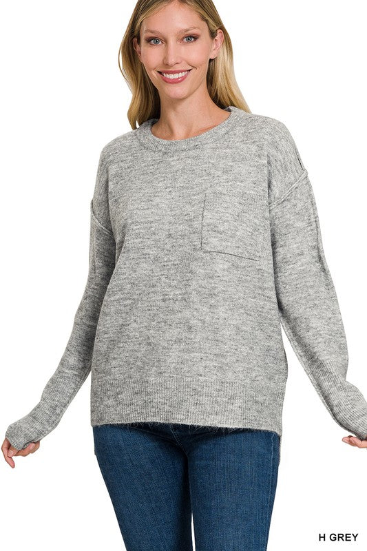 Zenana MELANGE HI-LOW HEM ROUND NECK SWEATER-ZENANA-[option4]-[option5]-[option6]-[option7]-[option8]-Shop-Boutique-Clothing-for-Women-Online