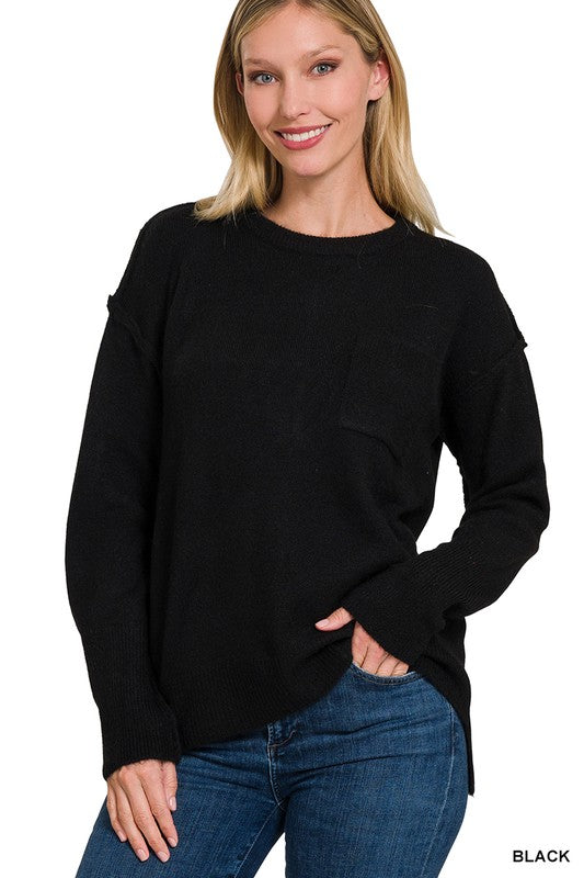 Zenana MELANGE HI-LOW HEM ROUND NECK SWEATER-ZENANA-[option4]-[option5]-[option6]-[option7]-[option8]-Shop-Boutique-Clothing-for-Women-Online