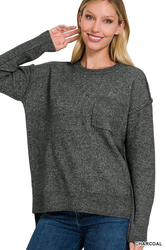 Zenana MELANGE HI-LOW HEM ROUND NECK SWEATER-ZENANA-CHARCOAL-S/M-[option4]-[option5]-[option6]-[option7]-[option8]-Shop-Boutique-Clothing-for-Women-Online