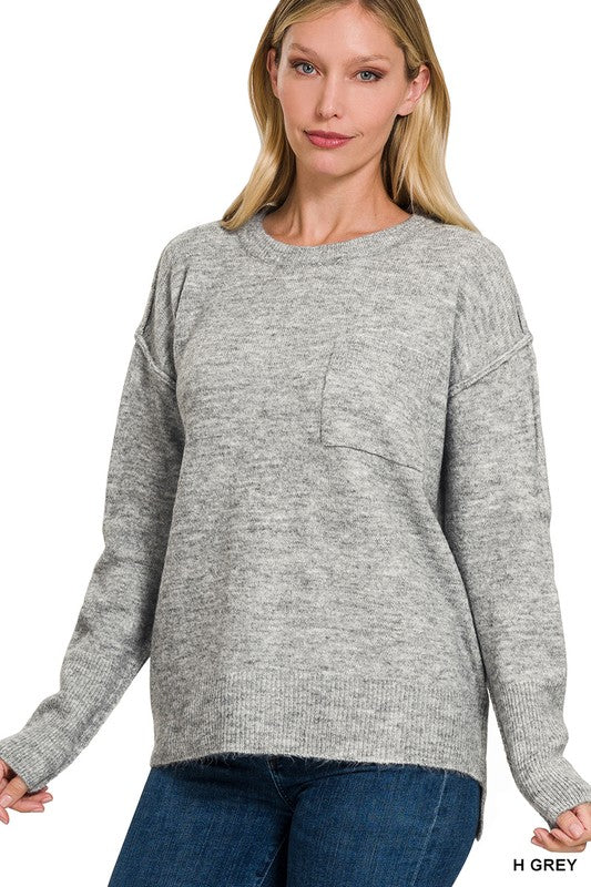 Zenana MELANGE HI-LOW HEM ROUND NECK SWEATER-ZENANA-H GREY-L/XL-[option4]-[option5]-[option6]-[option7]-[option8]-Shop-Boutique-Clothing-for-Women-Online