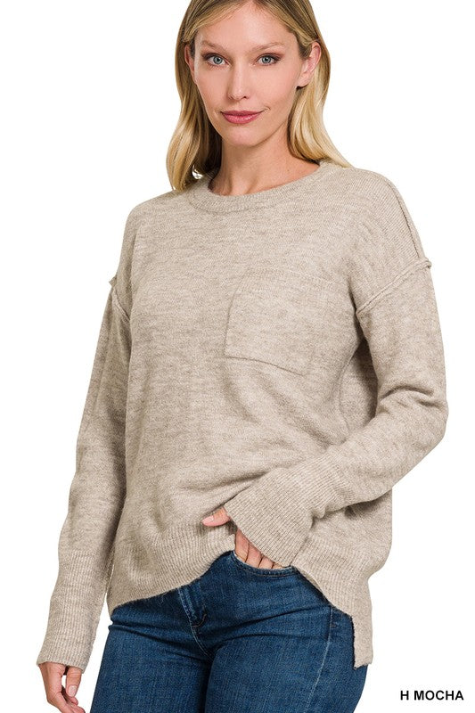 Zenana MELANGE HI-LOW HEM ROUND NECK SWEATER-ZENANA-[option4]-[option5]-[option6]-[option7]-[option8]-Shop-Boutique-Clothing-for-Women-Online