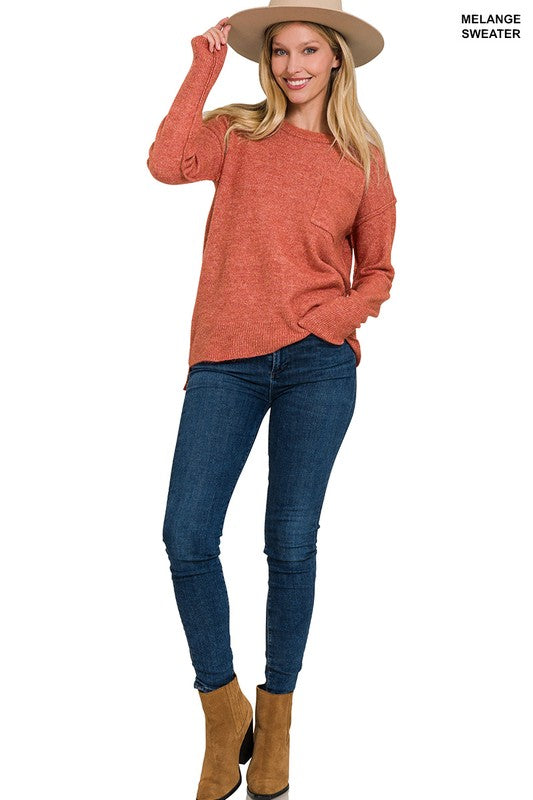 Zenana MELANGE HI-LOW HEM ROUND NECK SWEATER-ZENANA-[option4]-[option5]-[option6]-[option7]-[option8]-Shop-Boutique-Clothing-for-Women-Online