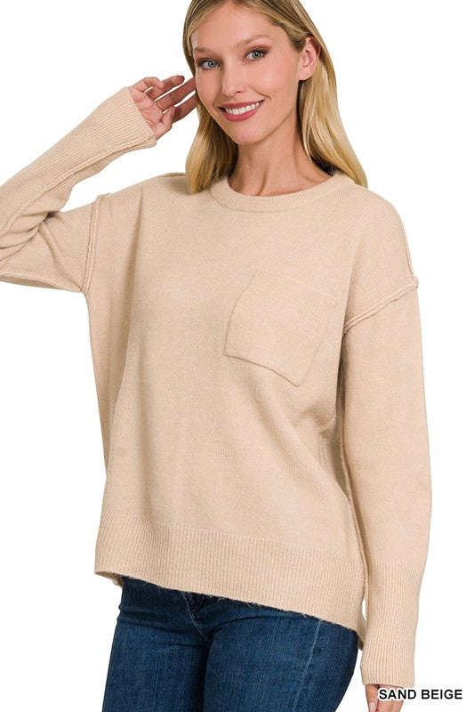 Zenana MELANGE HI-LOW HEM ROUND NECK SWEATER-ZENANA-[option4]-[option5]-[option6]-[option7]-[option8]-Shop-Boutique-Clothing-for-Women-Online