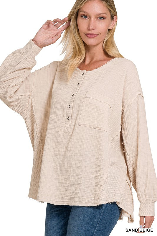 Zenana Double Gauze Oversized 3/4 Button Henley Neck Top-ZENANA-SAND BEIGE-S/M-[option4]-[option5]-[option6]-[option7]-[option8]-Shop-Boutique-Clothing-for-Women-Online