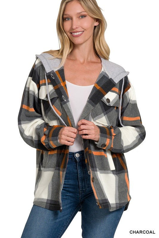 Zenana Plaid Drawstring Hooded Fleece Shacket-ZENANA-[option4]-[option5]-[option6]-[option7]-[option8]-Shop-Boutique-Clothing-for-Women-Online