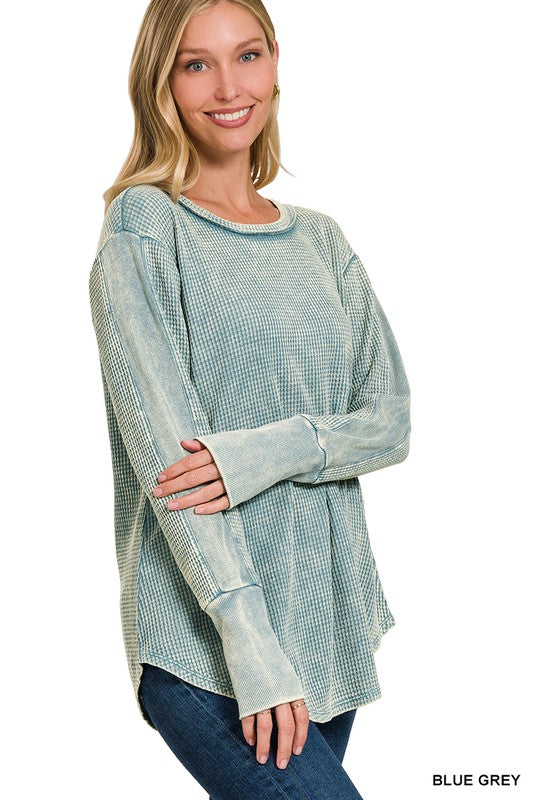Zenana Washed Baby Waffle Long Sleeve Top-ZENANA-BLUE GREY-S-[option4]-[option5]-[option6]-[option7]-[option8]-Shop-Boutique-Clothing-for-Women-Online