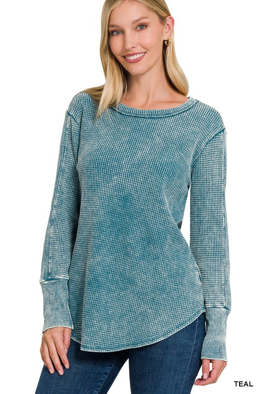 Zenana Washed Baby Waffle Long Sleeve Top-ZENANA-TEAL-S-[option4]-[option5]-[option6]-[option7]-[option8]-Shop-Boutique-Clothing-for-Women-Online