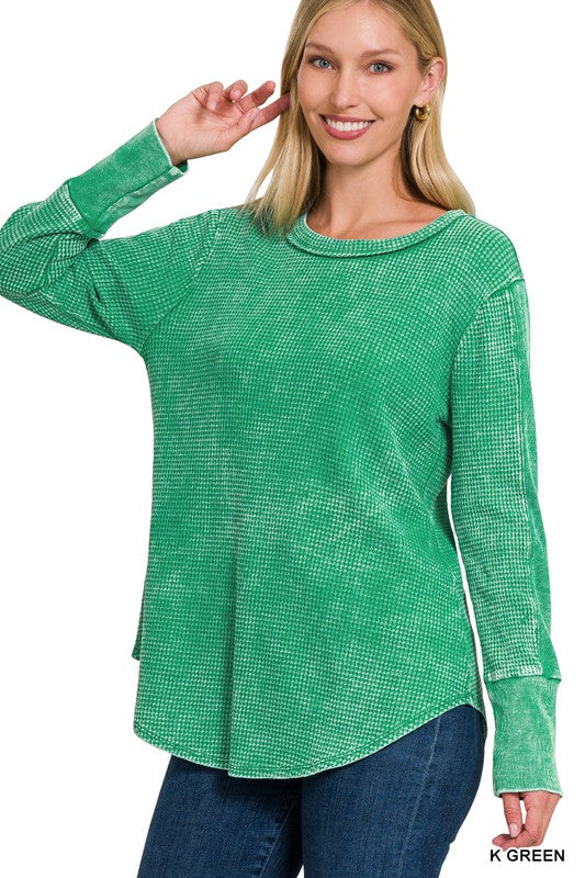 Zenana Washed Baby Waffle Long Sleeve Top-ZENANA-K GREEN-S-[option4]-[option5]-[option6]-[option7]-[option8]-Shop-Boutique-Clothing-for-Women-Online