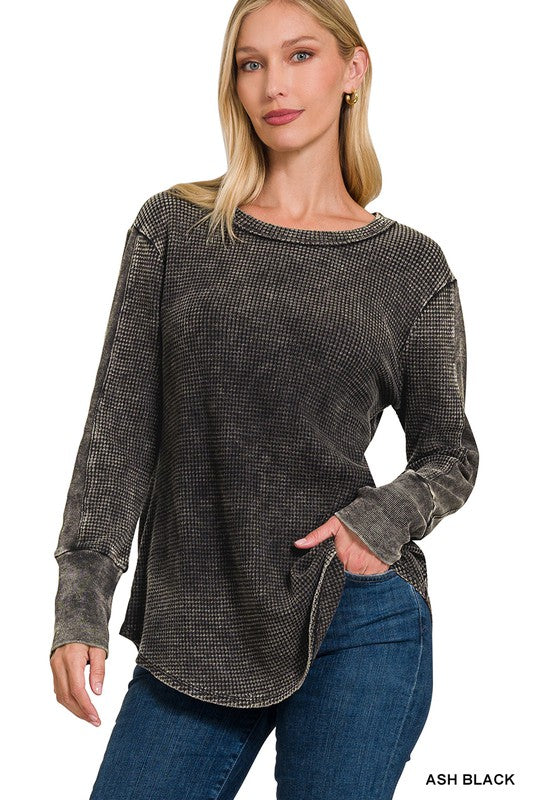Zenana Washed Baby Waffle Long Sleeve Top-ZENANA-ASH BLACK-S-[option4]-[option5]-[option6]-[option7]-[option8]-Shop-Boutique-Clothing-for-Women-Online