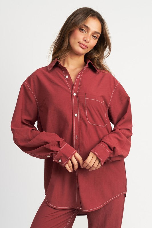 CONTRASTED STITCH BUTTON DOWN SHIRT-Emory Park-BURGUNDY-S-[option4]-[option5]-[option6]-[option7]-[option8]-Shop-Boutique-Clothing-for-Women-Online
