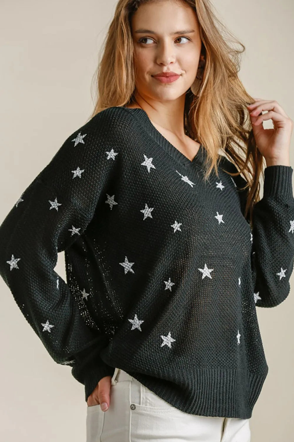 Umgee Full Size Star V-Neck Long Sleeve Sweater-Blouses-Trendsi-[option4]-[option5]-[option6]-[option7]-[option8]-Shop-Boutique-Clothing-for-Women-Online