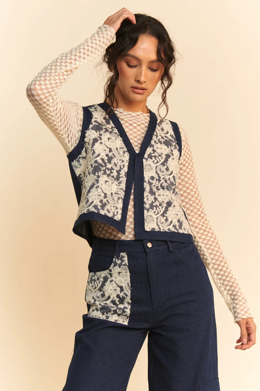 Davi & Dani Lace Patch Open Front Denim Vest-Vest-Trendsi-[option4]-[option5]-[option6]-[option7]-[option8]-Shop-Boutique-Clothing-for-Women-Online