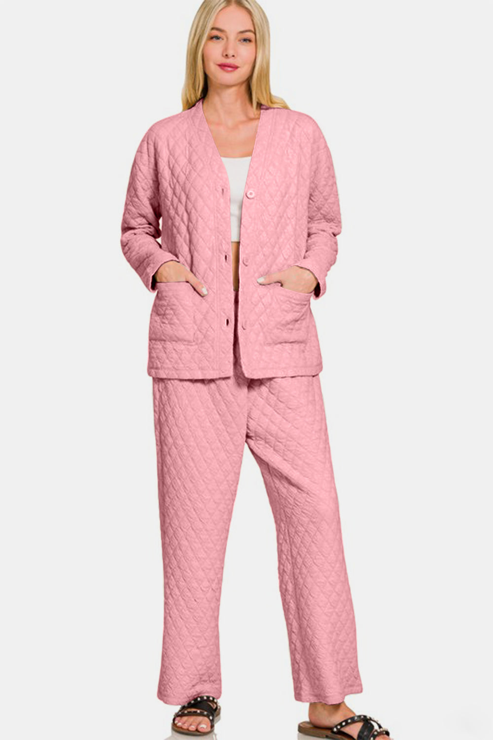 Zenana Quilted Button Up Long Sleeve Top and Pants Lounge Set-Trendsi-[option4]-[option5]-[option6]-[option7]-[option8]-Shop-Boutique-Clothing-for-Women-Online