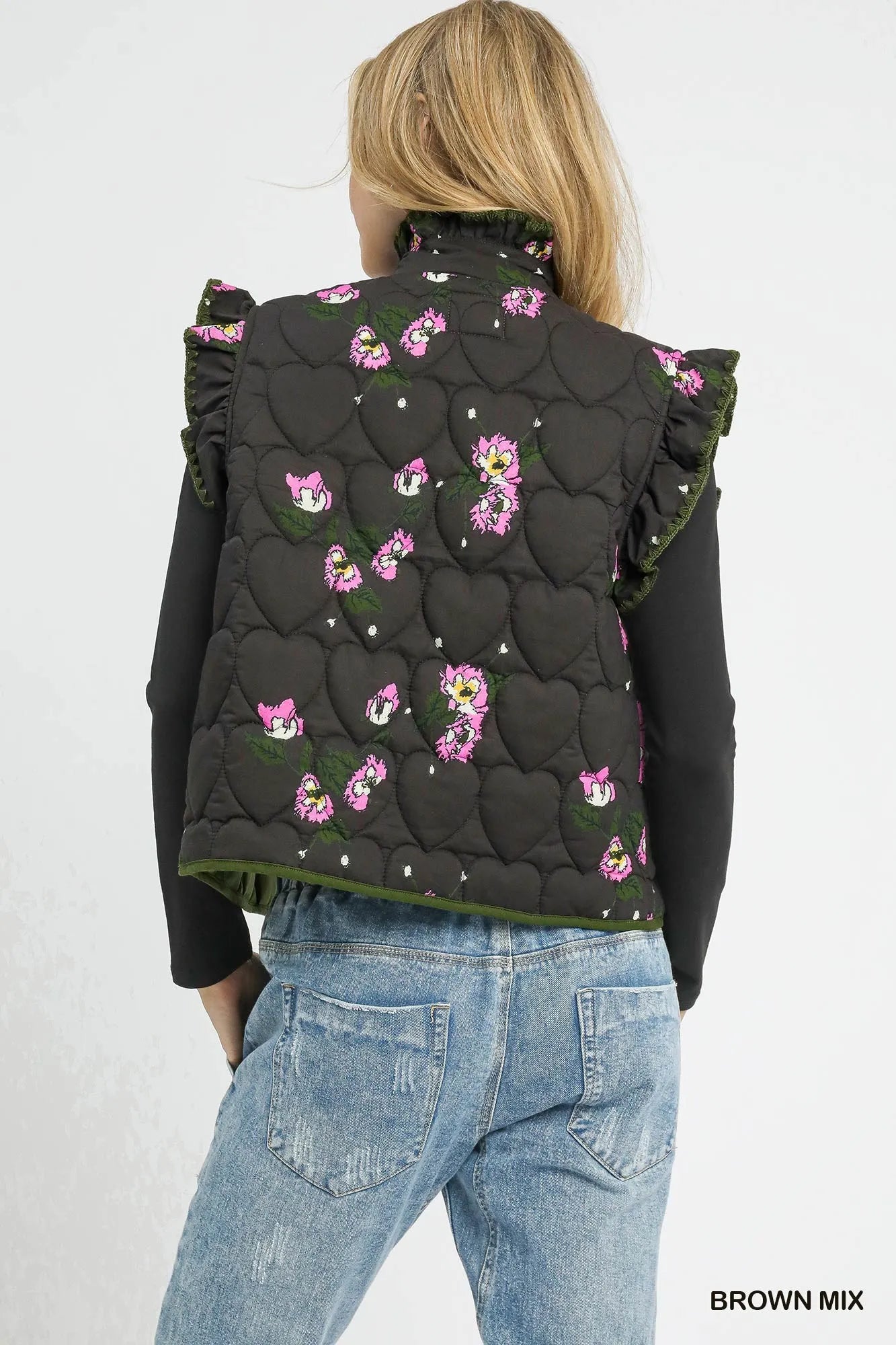 Umgee Ruffled Quilted Floral Snap Down Vest-Vest-Trendsi-[option4]-[option5]-[option6]-[option7]-[option8]-Shop-Boutique-Clothing-for-Women-Online