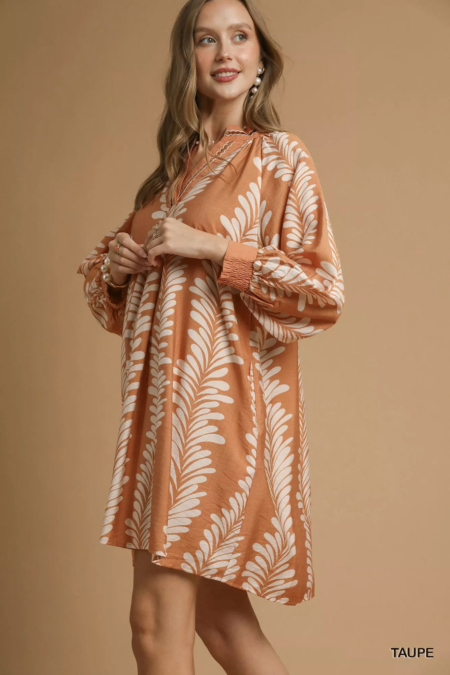 Umgee Leaf Print Notched Mini Babydoll Dress-Dresses-Trendsi-[option4]-[option5]-[option6]-[option7]-[option8]-Shop-Boutique-Clothing-for-Women-Online