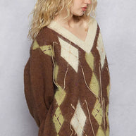 POL V-Neck Argyle Pattern Mohair Sweater with Contrast Exposed Stitch Detail-sweater-Trendsi-[option4]-[option5]-[option6]-[option7]-[option8]-Shop-Boutique-Clothing-for-Women-Online
