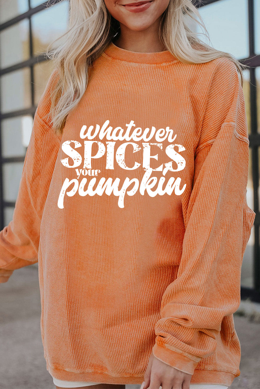 Whatever Spices Your Pumpkin Round Neck Long Sleeve Ribbed Sweatshirt-Trendsi-Sherbet-S-[option4]-[option5]-[option6]-[option7]-[option8]-Shop-Boutique-Clothing-for-Women-Online