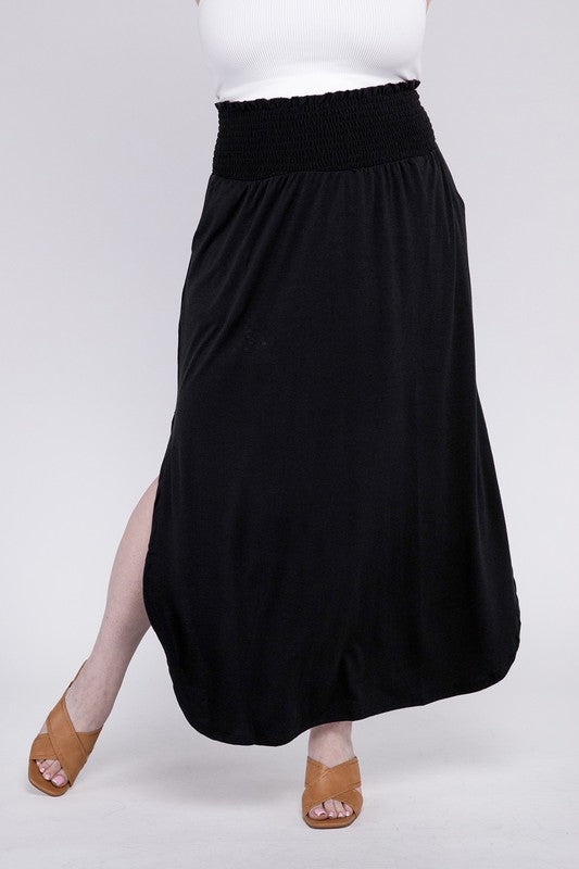 Zenana Plus Smocked Waist Side Slit Maxi Skirt-ZENANA-BLACK-1X-[option4]-[option5]-[option6]-[option7]-[option8]-Shop-Boutique-Clothing-for-Women-Online