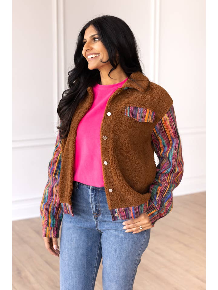 Brown Sherpa with Multi-Colored Sleeves-Layers-Ave Shops-[option4]-[option5]-[option6]-[option7]-[option8]-Shop-Boutique-Clothing-for-Women-Online