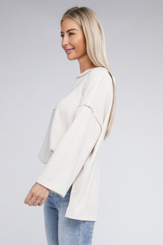 Zenana Ribbed Brushed Melange Hacci Henley Sweater-ZENANA-[option4]-[option5]-[option6]-[option7]-[option8]-Shop-Boutique-Clothing-for-Women-Online