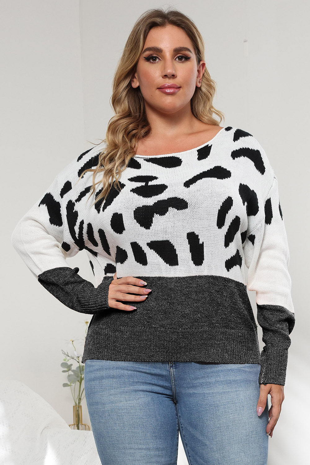Plus Size Leopard Round Neck Long Sleeve Sweater-Sweaters-Trendsi-[option4]-[option5]-[option6]-[option7]-[option8]-Shop-Boutique-Clothing-for-Women-Online
